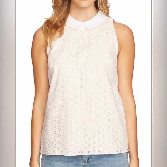 Cece Women's Sleeveless Ditsy Cotton Eyelet Collared Blouse Size Small - Picture 1 of 8